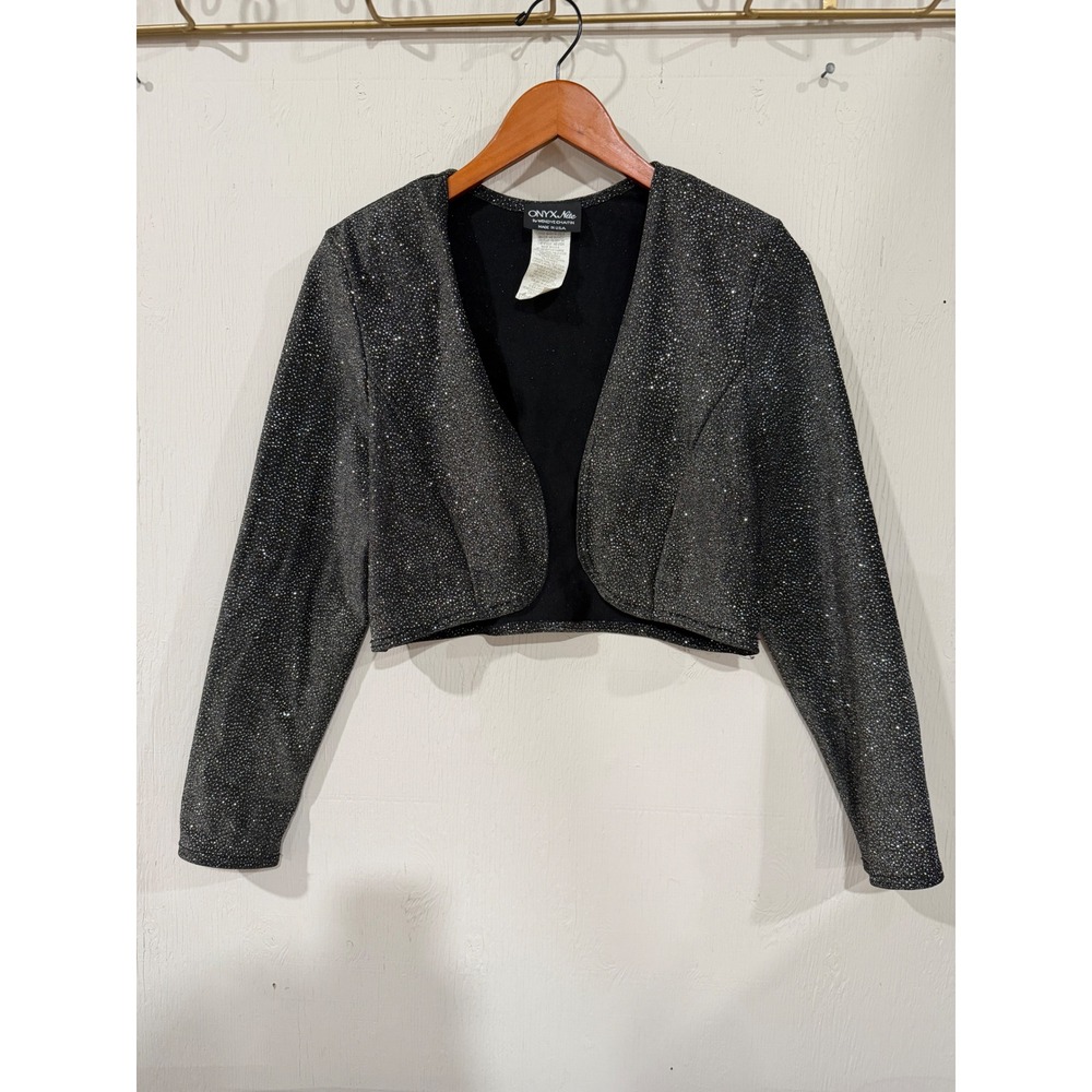 Onyx Nite Wendy Chaitin Shimmer Bolero Jacket Silver Black Glitter Shrug Size 10